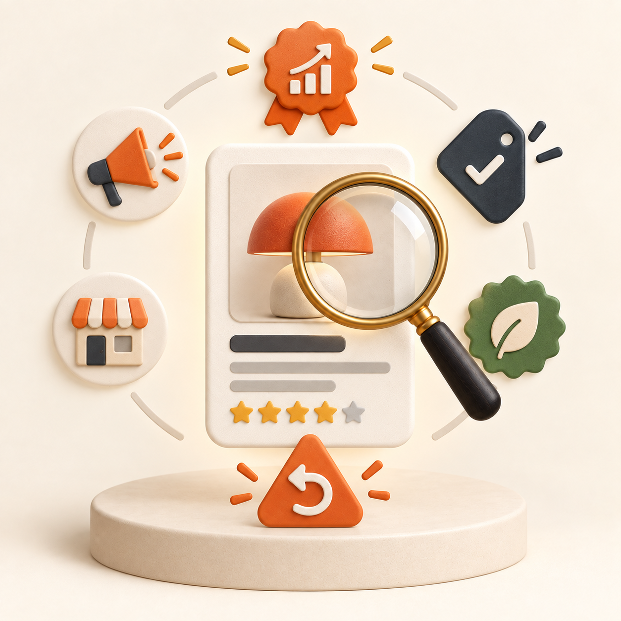 A product listing surrounded by symbols for sales, recommendations, small businesses, sustainability, returns, and ads