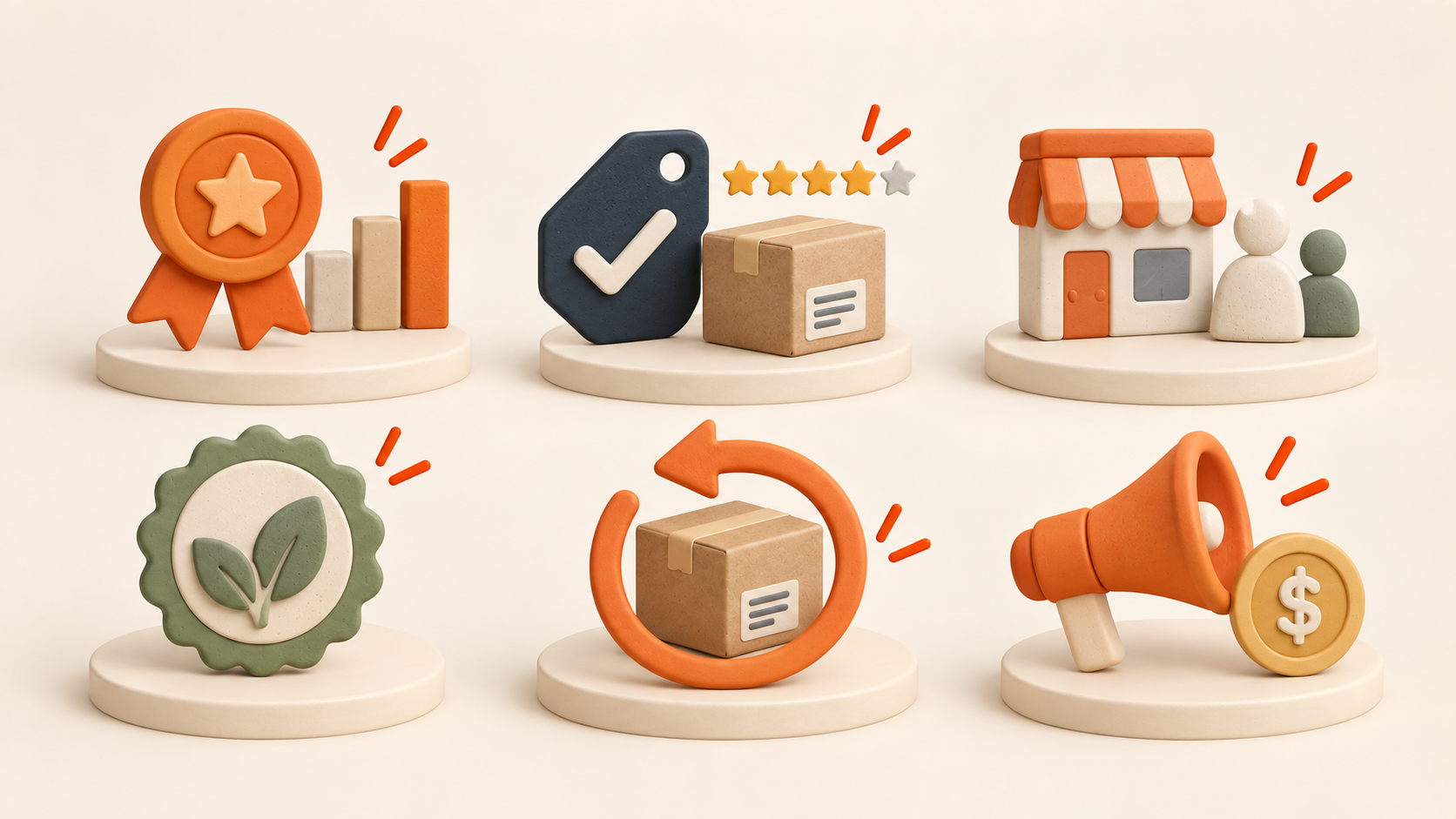 Six visual signals behind marketplace labels: sales, recommendations, business size, sustainability, return rates, and paid placement