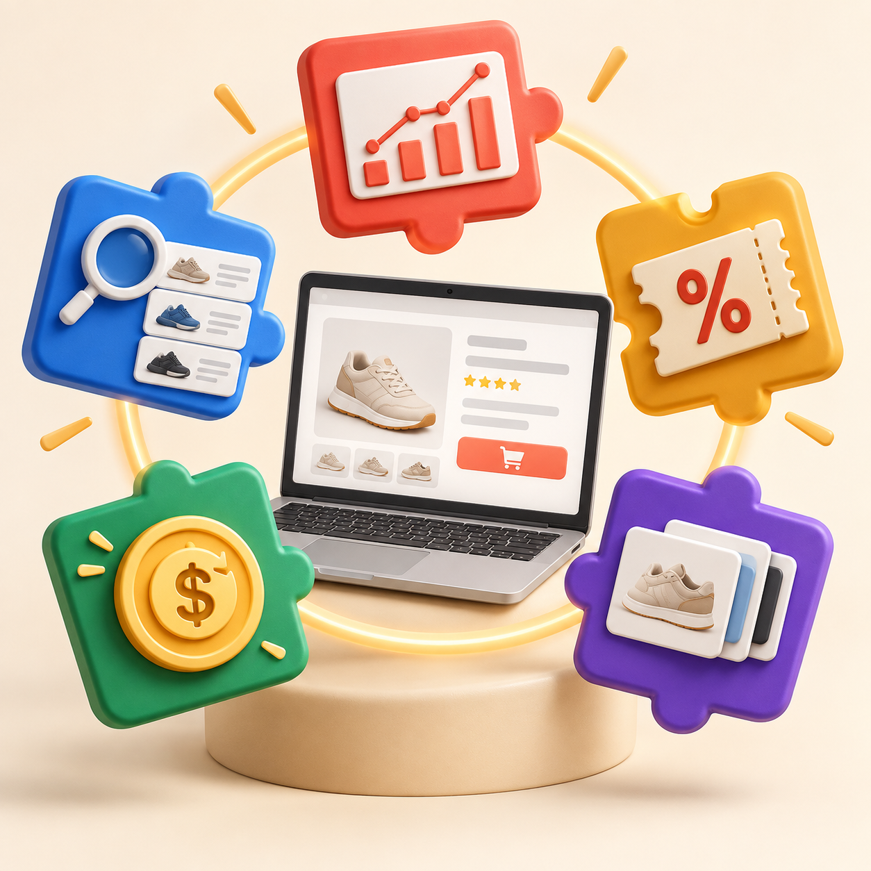 Five shopping tools surrounding a laptop product page