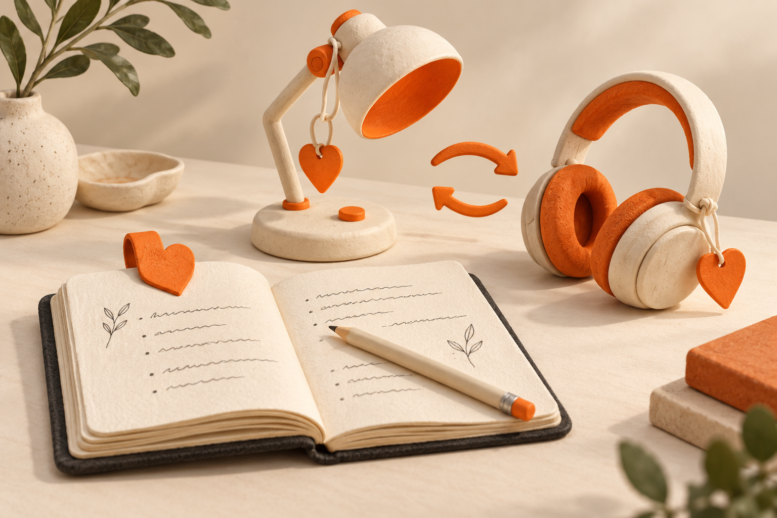 Open notebook and pencil beside a desk lamp and headphones marked with heart bookmarks, with arrows suggesting rearranging saved choices