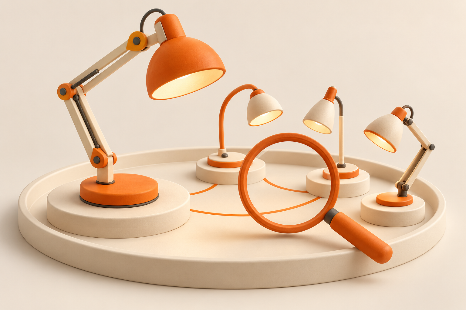 One large desk lamp and three similar alternatives grouped on a single tray, with connecting lines and an orange magnifying glass