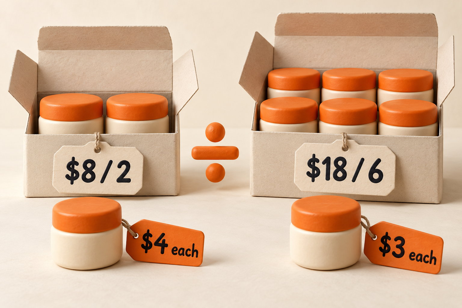 Two jars priced at eight dollars and six jars priced at eighteen dollars, with individual price tags showing four dollars versus three dollars each
