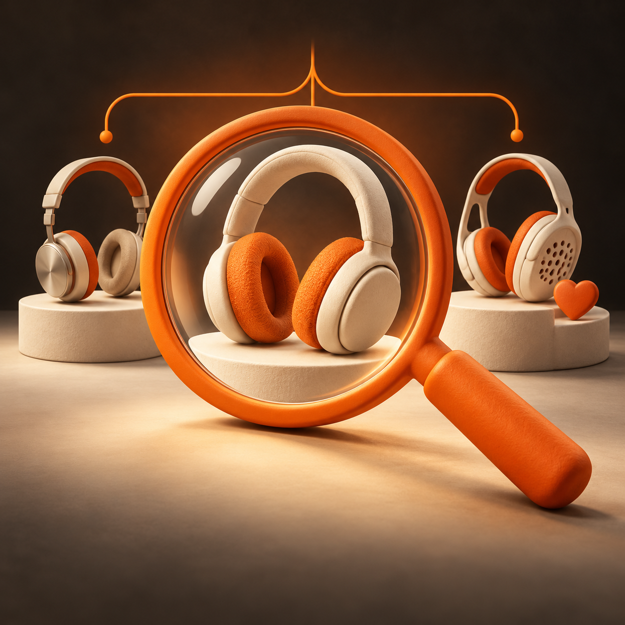 Orange magnifying glass framing headphones, with two similar alternatives and a heart against a charcoal background