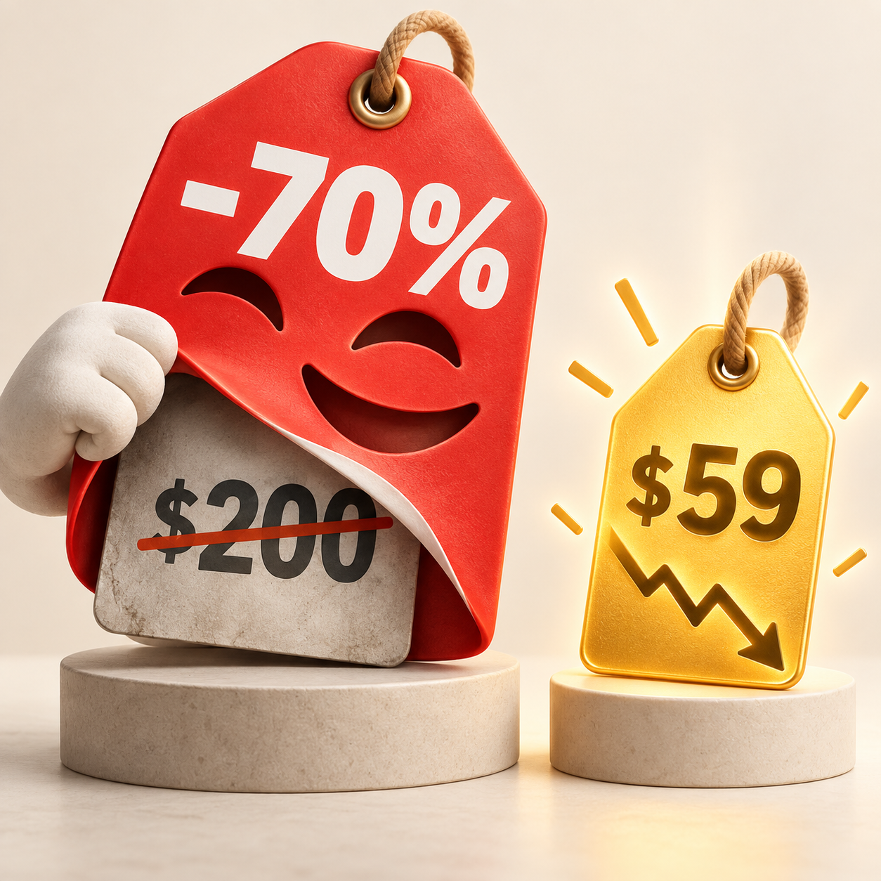 Fake discount tag peeling back beside a genuine price drop