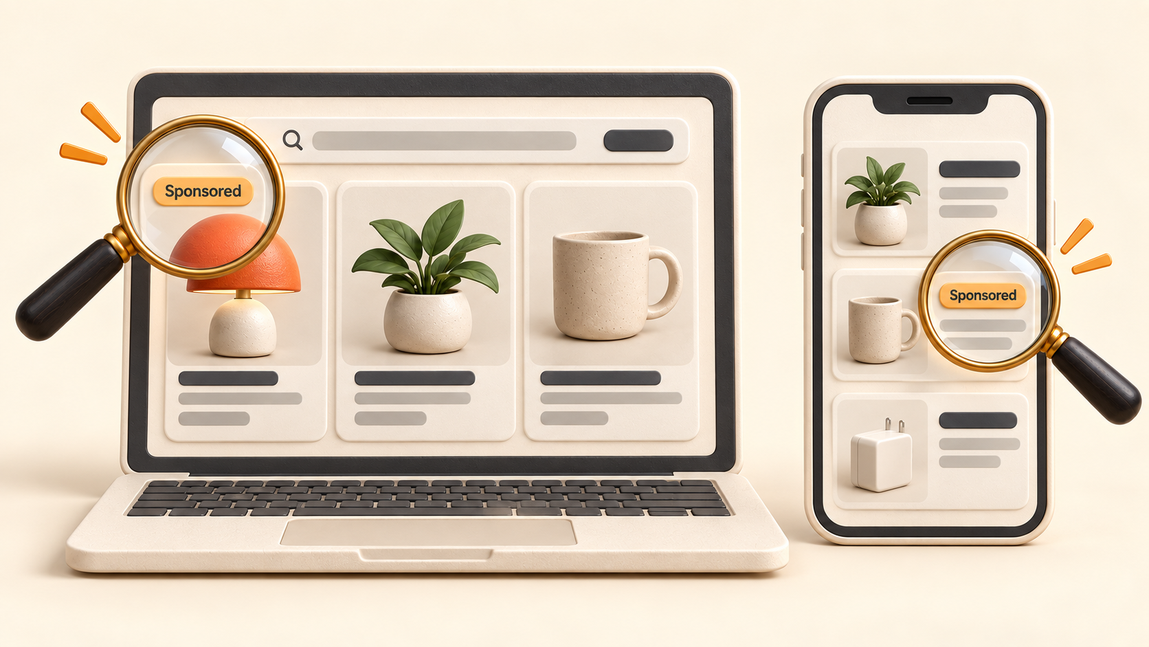 Sponsored labels highlighted in shopping results on a laptop and phone