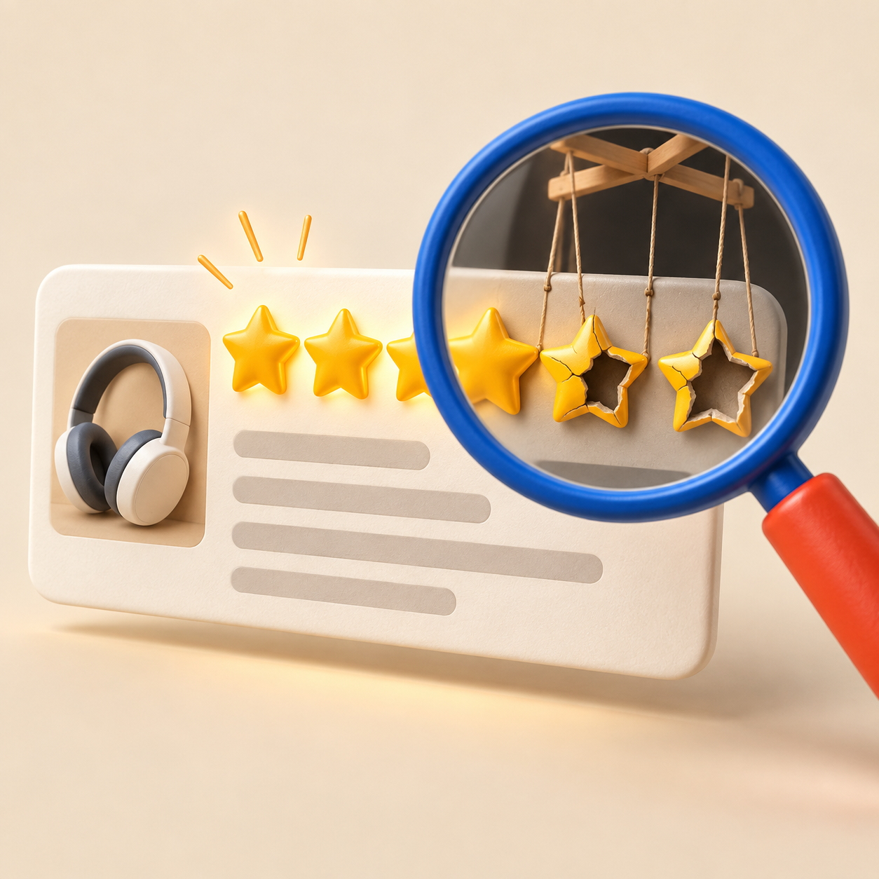 Magnifying glass exposing manipulated five-star product reviews