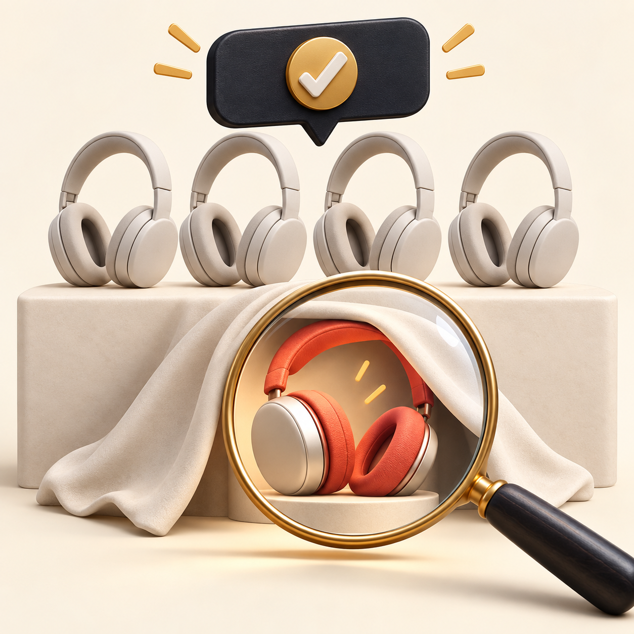 A magnifying glass questioning a recommended product badge