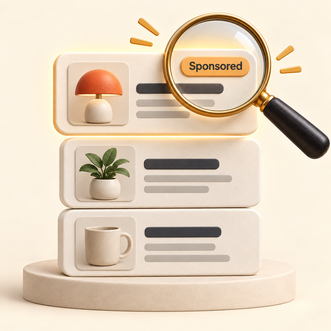 A magnifying glass revealing the Sponsored label on the first shopping result